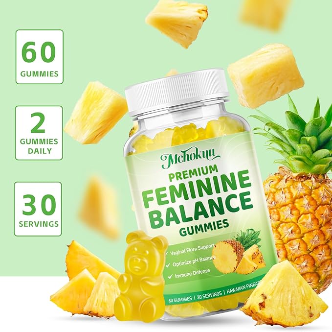 Premium Feminine Balance Gummies for Women pH Balance Support & Immune Health, Sugar Free, Non-GMO, Vegan, Gluten-Free - 60 Pineapple Gummies, 30 Servings