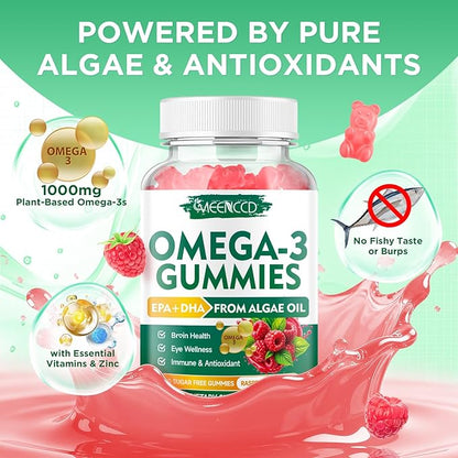 2 Pack Omega-3 Gummies 1000mg, Omega 3 Fish Oil Alternative for Adults, Algae-Based DHA 600mg & EPA 300mg + Vitamins A, C, E, Zinc, Supports Overall Wellness, Raspberry Flavor, 120 Count