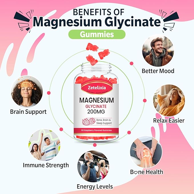 200MG Magnesium Glycinate Gummies, High Absorption Magnesium Glycinate Supplements for Relaxation, Raspberry Flavor 2 Pack, 120 Count