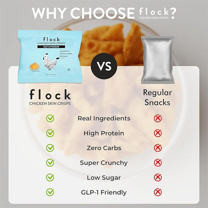 Flock Keto Chicken Skin Chips | Salt and Vinegar Flavor | Low Carb, High Protein, Gluten-Free Chicken Crisps, Keto Snack, Low Carb Chips, Protein Crackers, Diet Snacks, 8-Pack (1oz)
