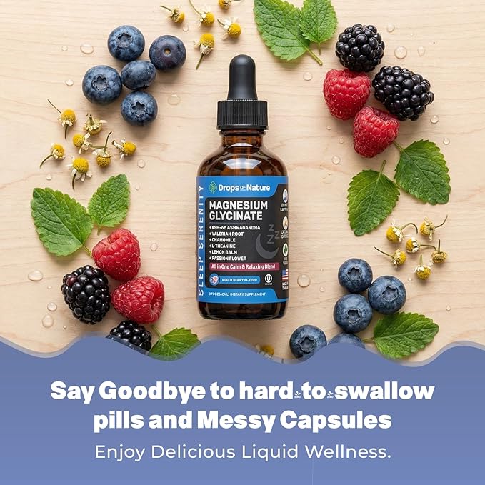 Magnesium Glycinate & Ashwagandha Liquid Drops with Valerian Root, Chamomile, Passion Flower, Lemon Balm & L-Theanine - Vegan Fast Absorption - Supplement for Wellness & Relaxation (Mixed Berry, 60mL)
