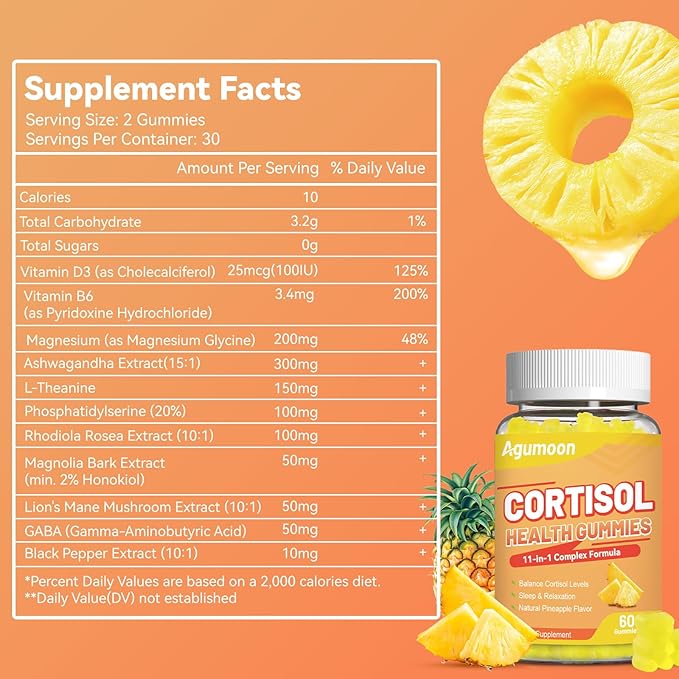 Cortisol Gummies for Women, Cortisol Supplements with Ashwagandha, Magnesium, L-theanine, for Relaxation and Mood Support - 60 Gummies