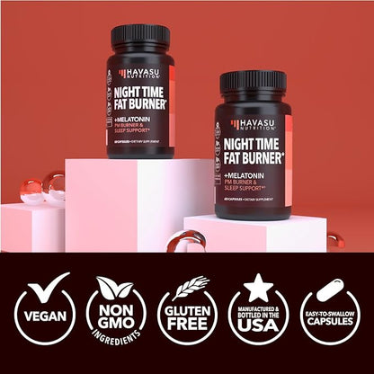 Night Time Fat Burner Capsules for Men and Women - Appetite Suppressant for Weight Loss with White Kidney Bean - 60 Count - Metabolism Booster with Melatonin for Sleep Support - 2-Month Supply