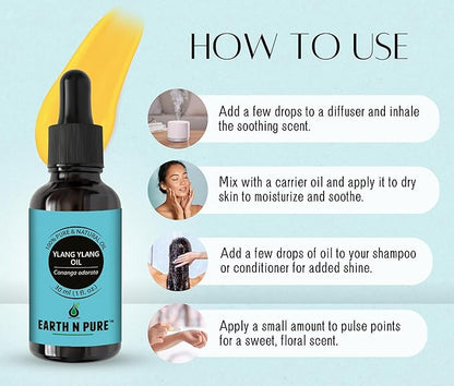 Earth N Pure Ylang Ylang Essential Oil Natural and Therapeutic Grade for Aromatherapy, Hair Care and Skin Care 50 ml