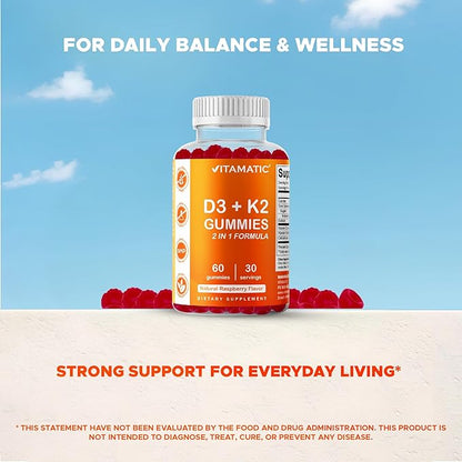 Vitamatic Vitamin D3 & K2 Gummies (2-Pack, 60 Count) Supports Healthy Bones, Heart Health, Calcium Absorption, and Immune Function Plant-Based, Non-GMO, Gluten-Free
