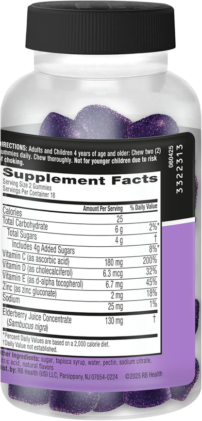 Airborne Elderberry + Zinc & Vitamin C Gummies for Adults, Immune Support with Antioxidants Vitamins C, D & E, 130 Count, Elderberry Flavor