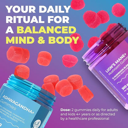 DR. MORITZ Ashwagandha + Lions Mane Mushroom Gummies Bundle – 120 Count Each – Sugar-Free, Non-GMO – with L-Theanine – Ashwagandha for Men & Women – Supports Calm, Focus, Relaxation & Immune Health