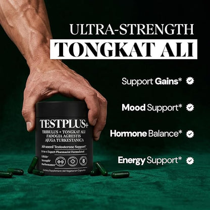 TESTPLUS+ 1,450mg 8-in-1 Testosterone Support for Men - High Strength Tongkat Ali, Fadogia Agrestis, Turkestanica & Tribulus - Natural Performance, Energy & Muscle Growth Formula (60 Capsules)