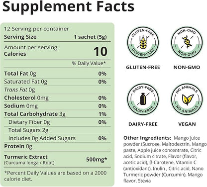 Nano Turmeric Curcumin Drink Powder Supplements–Mango Flavor Daily Morning Routine Immunity Wellness Shot, Gut Health & Joint Support - No Added Sugar, Vegan, Gluten-Free, Non-GMO,12 Sachets