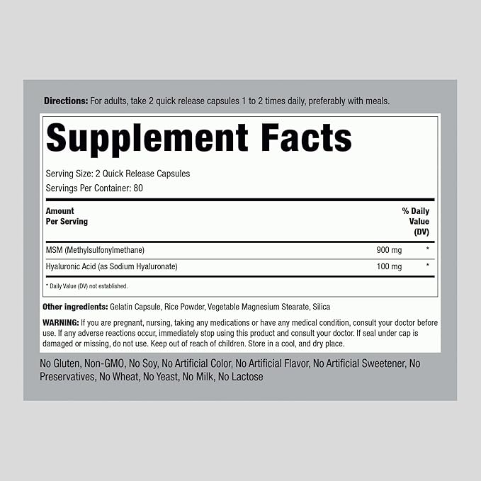 Piping Rock Hyaluronic Acid Supplement | 100mg | 160 Capsules | with MSM for Women and Men | Non-GMO, Gluten Free