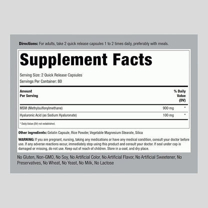 Piping Rock Hyaluronic Acid Supplement | 100mg | 160 Capsules | with MSM for Women and Men | Non-GMO, Gluten Free