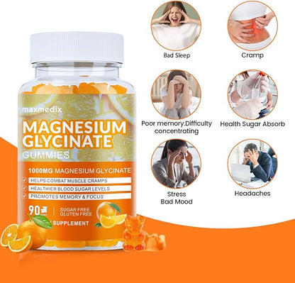 Magnesium Glycinate Gummies 1000mg, Sugar Free Magnesium Potassium Supplements Chewable for Adults with L-Threonate for Sleep, Body Support and Relaxation,90 Orange Gummies