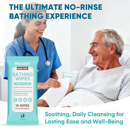 No Rinse Bathing Wipes for Adults - Extra Thick 8x12 Inch Disposable Shower Wipes, Hypoallergenic Unscented Body Cleansing Cloths for Bed Bath, Hospital, Travel, Camping - 100 Count(10 Packs)