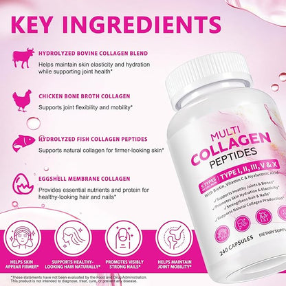 2 Pack Multi Collagen Peptides Capsules with Biotin, Vitamin C & Hyaluronic Acid – Contains extracts Such as Eggs and Fish！！！