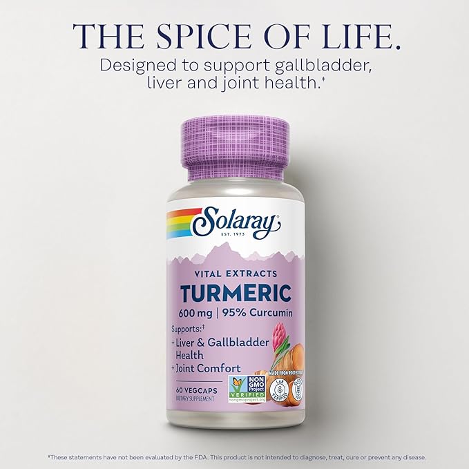 SOLARAY Turmeric Supplement 600mg - Turmeric Root with 95% Curcumin - Joint Support Supplement - Joint Health, Gallbladder and Liver Support, Non-GMO, Vegan, Gluten Free, 60-Day Guarantee, 60 Servings