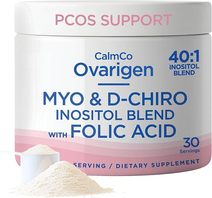 CalmCo Ovarigen Myo-Inositol & D-Chiro Inositol Supplement for Women – 40:1 Inositol Powder with Folic Acid, Fertility Supplements for PCOS, Hormone Balance and Ovarian Support (30 Servings)
