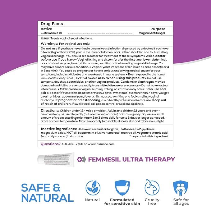 Femmesil Yeast Infection Ointment MAX Strength, Vaginal Yeast Infection Treatment with Clotrimazole for Women Feminine Care, Natural Antifungal Cream to Relieve Vaginal Itch & Irritation (28g)