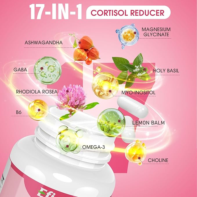 Cortisol Reducer, 17-in-1 Cortisol Supplement for Women, Hormone Harmony for Women with Ashwagandha, Rhodiola Rosea, Magnesium Glycinate, Omega-3, for Mood, Focus, Sleep Support, 60 Capsules
