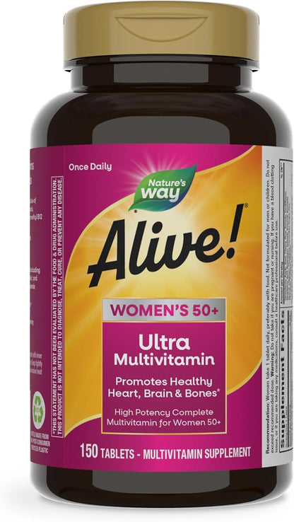 Nature’s Way Alive! Ultra Potency Multivitamin for Women 50 Plus, Complete High Potency Formula with Vitamin D3, C, E, Methylated B12, Supports, Heart, Brain, and Bone Health*, 150 Tablets