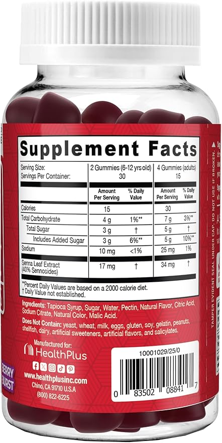 Health Plus Super Colon Cleanse Gummies Dietary Supplement, Gentle Overnight Relief from Occasional Constipation, Natural Senna Leaf Extract, Mixed Berry Flavor, 60 Count, 15 Day Cleanse