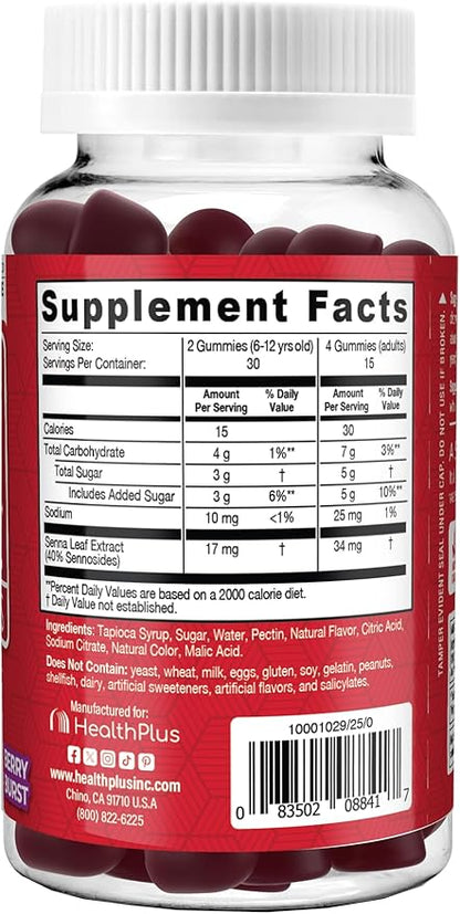 Health Plus Super Colon Cleanse Gummies Dietary Supplement, Gentle Overnight Relief from Occasional Constipation, Natural Senna Leaf Extract, Mixed Berry Flavor, 60 Count, 15 Day Cleanse