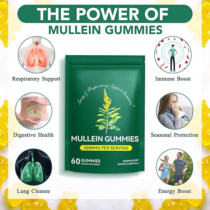 Mullein Gummies for Lung Detox, 2000mg Mullein Leaf Extract for Respiratory & Digestive & Immune Support, Organic Mullein Herb Supplement for Mucus Relief for Respiratory, Immune, Vegan 60 Gummies
