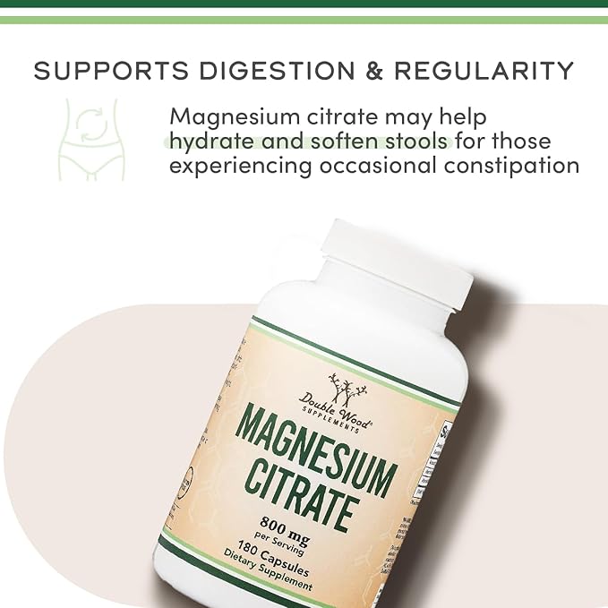 Magnesium Citrate 800mg, 90 Capsules, Digestion & Constipation Support, Vegan Safe, Non-GMO, Double Wood Supplements