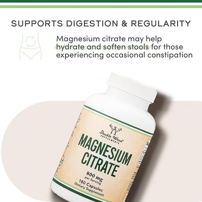 Magnesium Citrate 800mg, 90 Capsules, Digestion & Constipation Support, Vegan Safe, Non-GMO, Double Wood Supplements