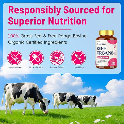 12-In-1 Beef Organ Supplement for Women - Beef Liver, Uterus, Kidney, Heart, Pancreas, 5 Vitamins & 2 Herbs, Hormone Balance, Menstruation, Energy, Immune - 100% Grass Fed, Pasture Raise - 120 Caps