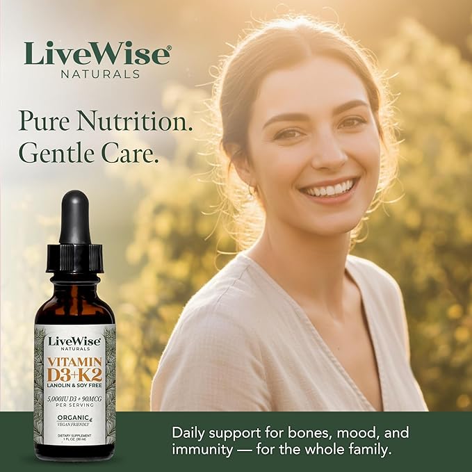 Live Wise Naturals Vegan D3 K2 Vitamin 5000 IU, 90 MCG (MK-7) Drops - 60 Servings, Ultra Concentrated Formulation, and Fast Absorption - Precision Micro-Dosing Dropper for Cognitive & Immune Support