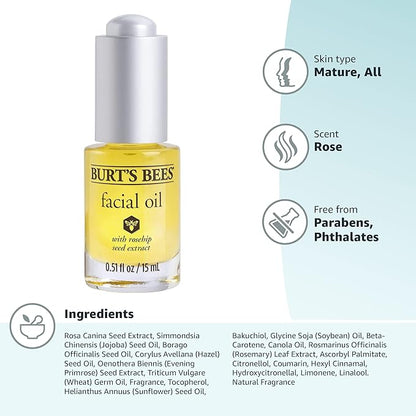 Burt's Bees Gua Sha Face Oil With Rosehip Seed Extract,Reduces Appearance of Fine Lines and Wrinkles,Use with Ice Roller & Facial Tools,Natural Origin Skin Care,0.51 fl. oz.,(Pack of 2)