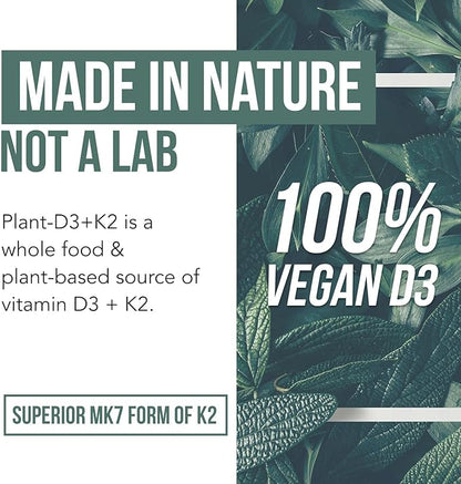 Organic Plant D3 + K2 | 5000 iu D3 + 120 mcg K2 as All-Trans MK7 from MenaQ7® - 100% Whole Food, Raw & Vegan | Enhanced Digestion with Prebiotic & Superfood Complex – D3 from Organic Algae (60 Count)