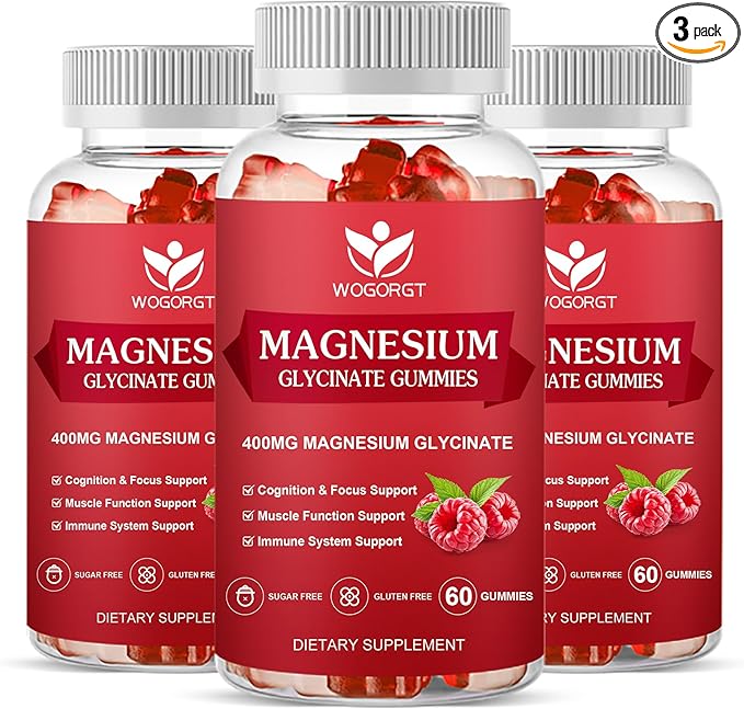 Magnesium Glycinate Gummies - 400mg Magnesium Glycinate Gummy with Vitamin D, B6, and CoQ10, Magnesium Supplement for Relaxation and Cognition, Sugar Free - 60 Raspberry Gummies (3 Pack)