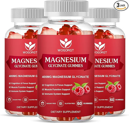 Magnesium Glycinate Gummies - 400mg Magnesium Glycinate Gummy with Vitamin D, B6, and CoQ10, Magnesium Supplement for Relaxation and Cognition, Sugar Free - 60 Raspberry Gummies (3 Pack)