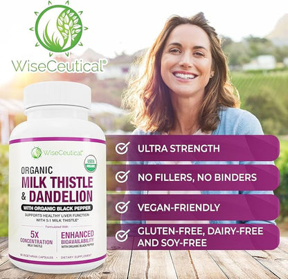 Max Absorption USDA Organic Milk Thistle Potent 5:1 Concentrated Extract (2000mg Strength) & Organic Dandelion Root | Silymarin Antioxidant Flavonoid | Liver Support Supplement (60 Count (Pack of 1))