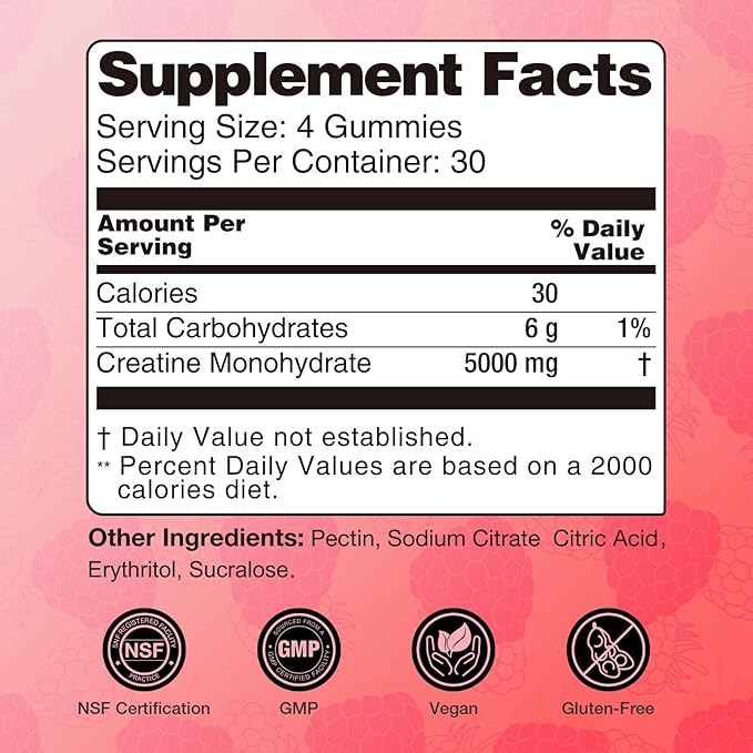 Creatine for Women 5000 MG, Creatine Gummies, Creatine Monohydrate Supplement for Muscle Growth, Strength & Energy Support, Sugar Free Pre Workout Gummies 120 Count Raspberry Flavor