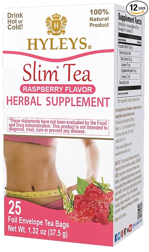 Hyleys Slim Tea Raspberry Flavor - Weight Loss Herbal Supplement Cleanse and Detox - 25 Tea Bags (12 Pack)