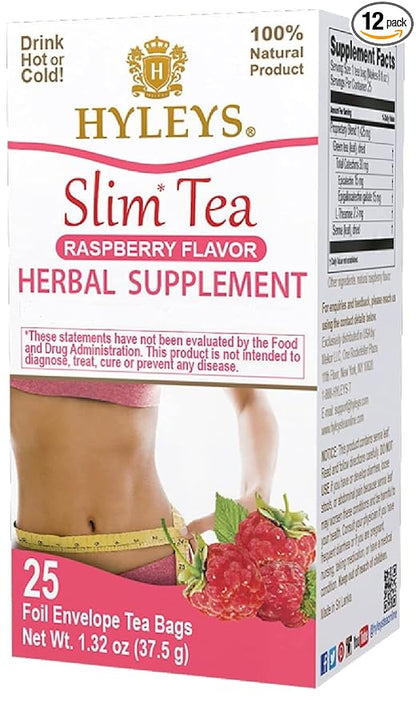Hyleys Slim Tea Raspberry Flavor - Weight Loss Herbal Supplement Cleanse and Detox - 25 Tea Bags (12 Pack)