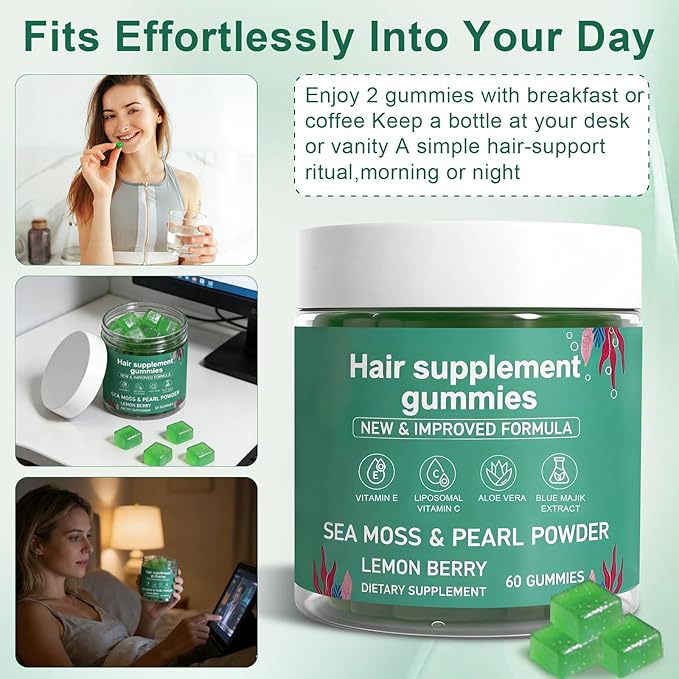 Hair Loss Gummies,Sea Moss Gummies with Vitamin C, Vitamin E, Aloe Vera, Pearl Powder Support Faster Hair Growth,Enhance Nail Elasticity,Promot Radiant Skin,Gluten-Free - 60 Count