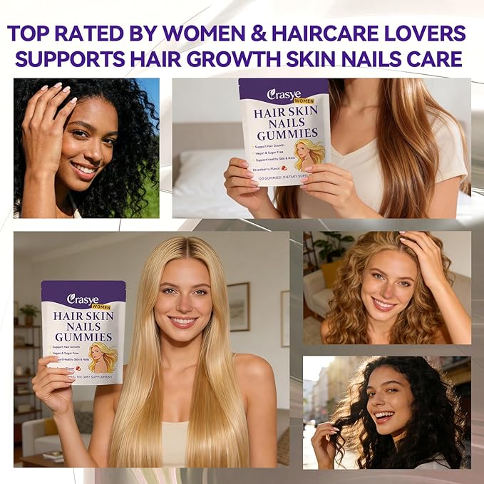 Hair Skin and Nails Gummies - Hair Growth Multivitamin Biotin Gummies with Collagen and Keratin for Women Vegan Sugar Free Strawberry Flavor 120 Count