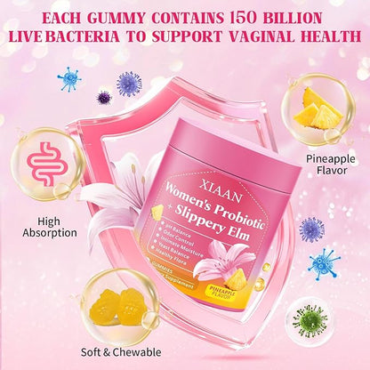 Women Probiotic Slippery Elm Gummies, Her Juicy Feminine Probiotics Supports pH Balance & Immune System, Vaginal Probiotic Gummies, Suagr-Free, Veagn, Pineapple Flavor, 60 Count