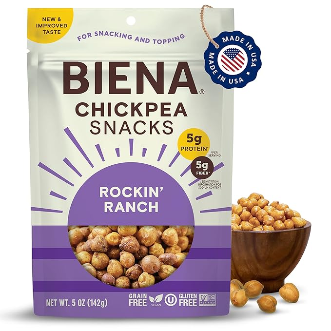 BIENA Chickpea Snacks - Crunchy Roasted Chickpeas - High Fiber Vegan Protein Snacks for Adults and Kids - 5 Ounce Individual Pack - Rockin' Ranch