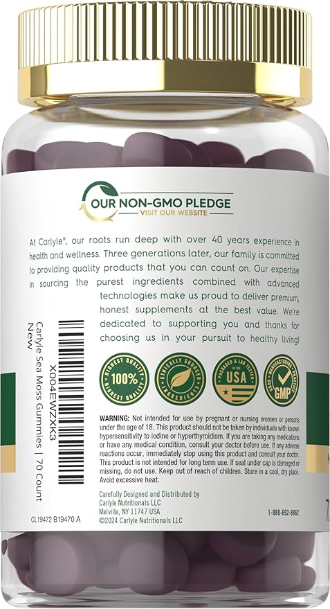 Carlyle Sea Moss Gummies | 70 Count | Strawberry Blueberry Flavor | Vegan, Non-GMO, Gluten Free Supplement