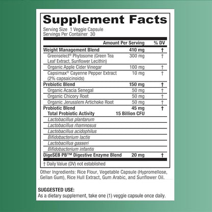 BIGJOHNLAB® - Probiotics for Weight Management & Bloating - 6 Probiotic Strains - Prebiotics - Key Ingredient Cayenne & Green Tea - Supports Gut Health - Weight Management for Women & Men - 30 CT