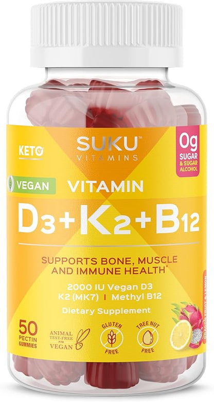 SUKU Vitamins Vegan D3 + K2 + B12 Sugar-Free & Sugar-Alcohol-Free Keto 2000IU Vitamin D Gummy Supplement for Healthy Bones, Immune Function, Healthy Metabolism, Lemon Dragon Fruit Flavor (50 Gummies)