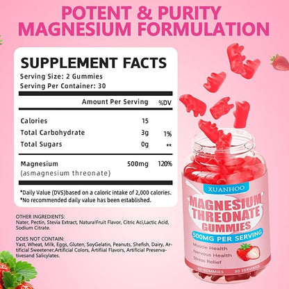 Magnesium Threonate Gummies,Magnesium Supplement,Strawberry Flavor,60Gummies,250mg Magnesium per Gummy,Muscle & Nerve Health,Stress Relief