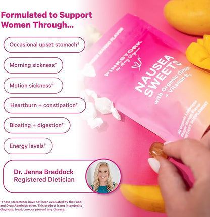 Pink Stork Organic Mango Sweets with Vitamin B6 for Morning Sickness and Motion Sickness, Added Ginger & Vitamin B6, 1st Trimester Pregnancy Must Haves - 30 Wrapped Candies