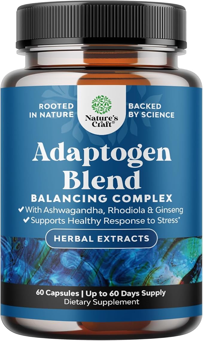 Herbal Adaptogen Mood Support Supplement - Calming Adaptogens Supplement for Stress & Cortisol Management with Ashwagandha Rhodiola Rosea & Maca Root - Vegan & Daytime Friendly - 60 Count