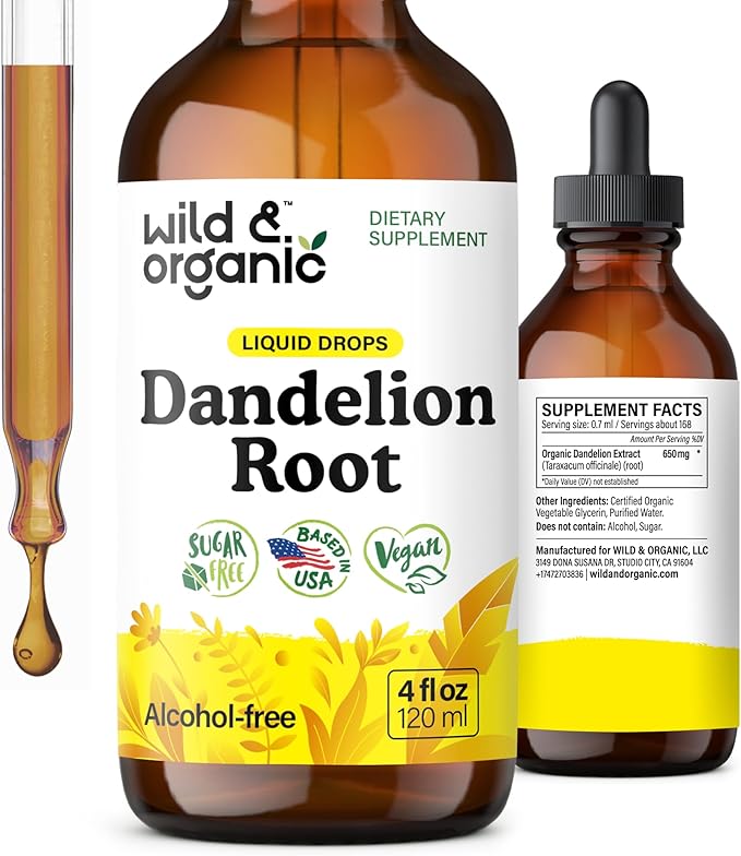 Wild & Organic Dandelion Root Extract Drops - Liver Cleanse Detox - Herbal Dandelion Tincture - Liver Support Supplement - Add to Tea - Vegan, Sugar & Alcohol-Free Liquid Drops - 4 fl oz