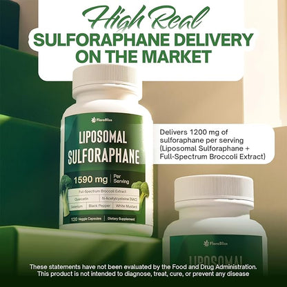 FloraBliss 120 Liposomal Sulforaphane Supplement+ 1000mg Capsules - Broccoli Extract | with Quercetin, Selenium & NAC - High Potency Non-GMO - Vegan - Non GMO